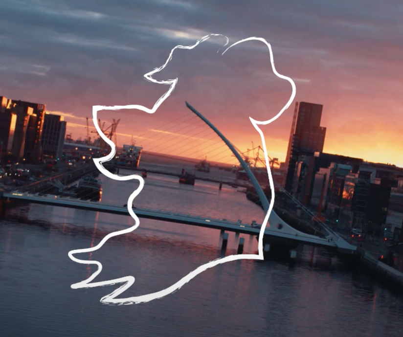 aerial view of dublin with outline of map of ireland overlaid